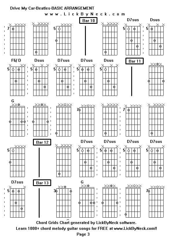 Chord Grids Chart of chord melody fingerstyle guitar song-Drive My Car-Beatles-BASIC ARRANGEMENT,generated by LickByNeck software.